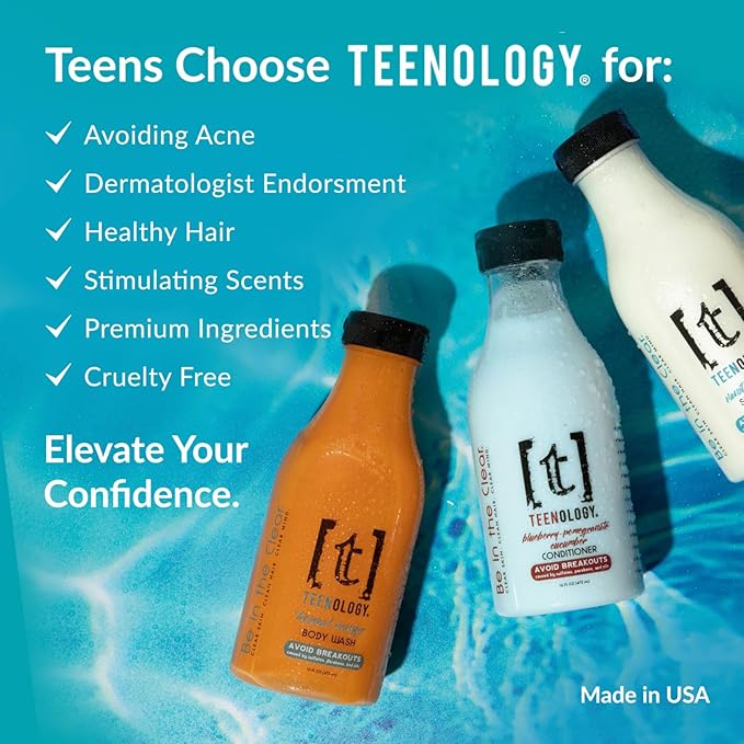 Teenology Shampoo for Teens - Avoid Forehead and Body Acne - No Sulfates or Parabens, Noncomedogenic, Natural Botanical Extracts, 16 oz. (Sweet Mint)-Velvo Beauty