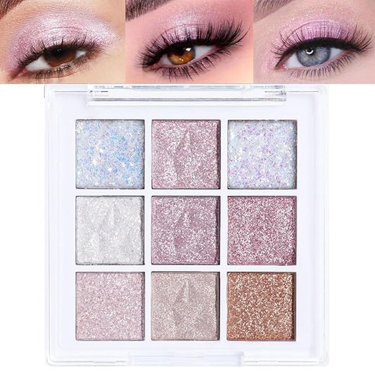 Pink White Glitter Shimmer Sparkle Eye Shadow Palette, Warm Pastel 9 Colors Sparkle eyeshadow Palette Makeup,Colorful Long Lasting Waterproof Naturing-Looking (ice glitter)-Velvo Beauty