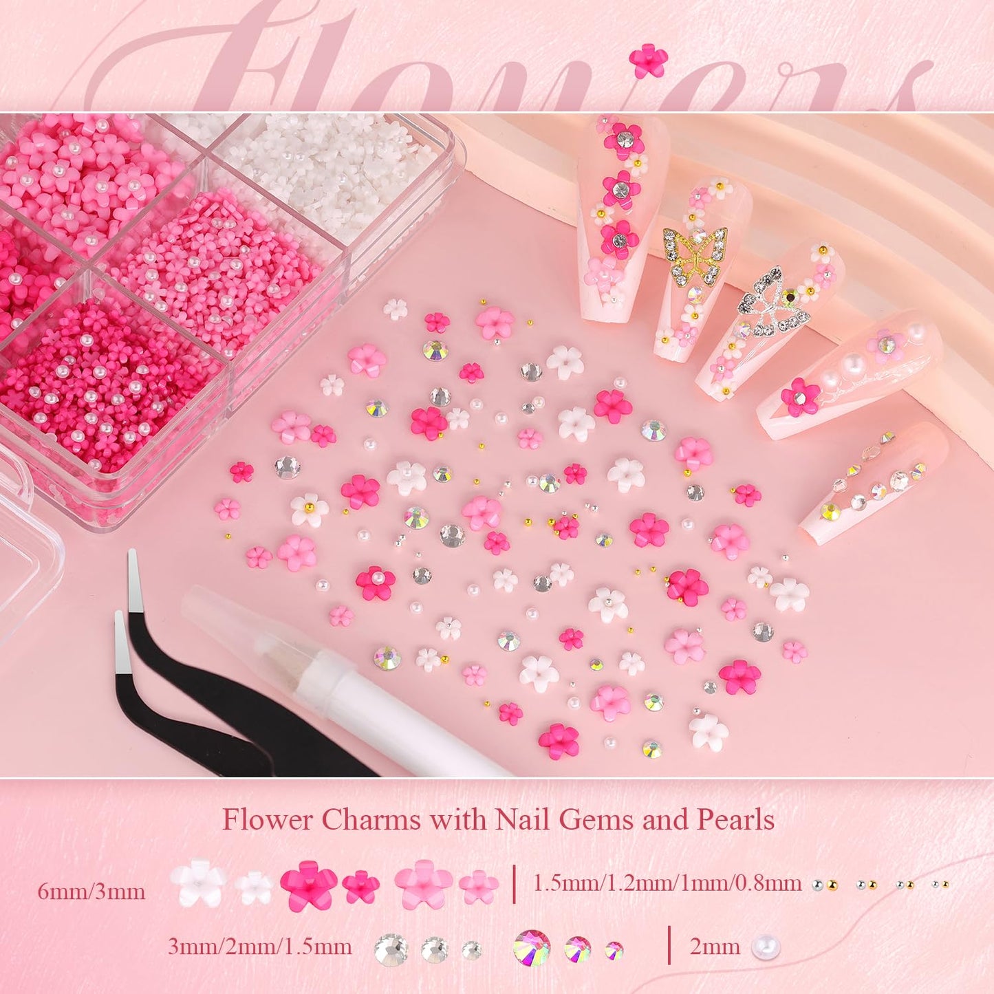 3D Nail Charms and Gems Set 3, 20PCS Gold and Silver Chunky Butterfly Nail Charms with Rhinestones, 3D Flowers for Nails, Crystal and Pearls + Metal Caviar Beads + Picker Tool for Y2K Nail Decoration-Velvo Beauty