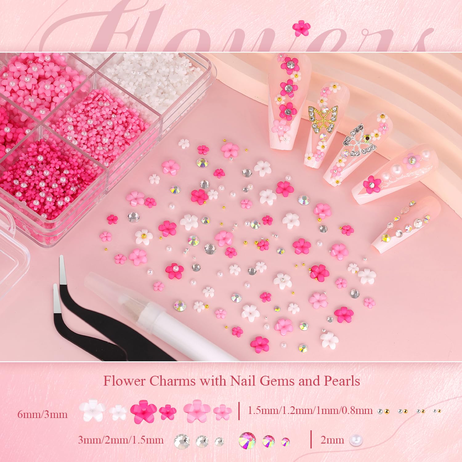 3D Nail Charms and Gems Set 3, 20PCS Gold and Silver Chunky Butterfly Nail Charms with Rhinestones, 3D Flowers for Nails, Crystal and Pearls + Metal Caviar Beads + Picker Tool for Y2K Nail Decoration-Velvo Beauty