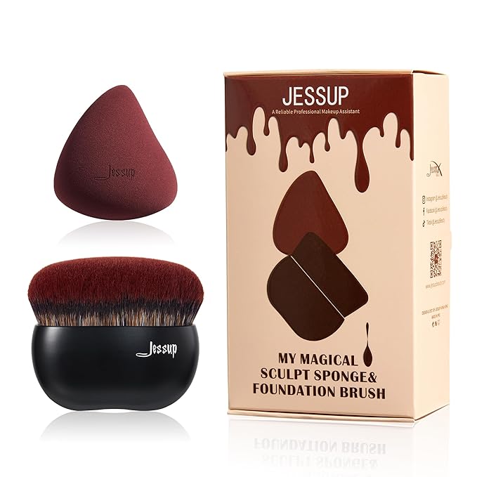 Jessup Foundation Brush with Makeup Sponge, Black Makeup Brush Flat Top Kabuki Brush for Liquid Blending Stippling, T881-Velvo Beauty