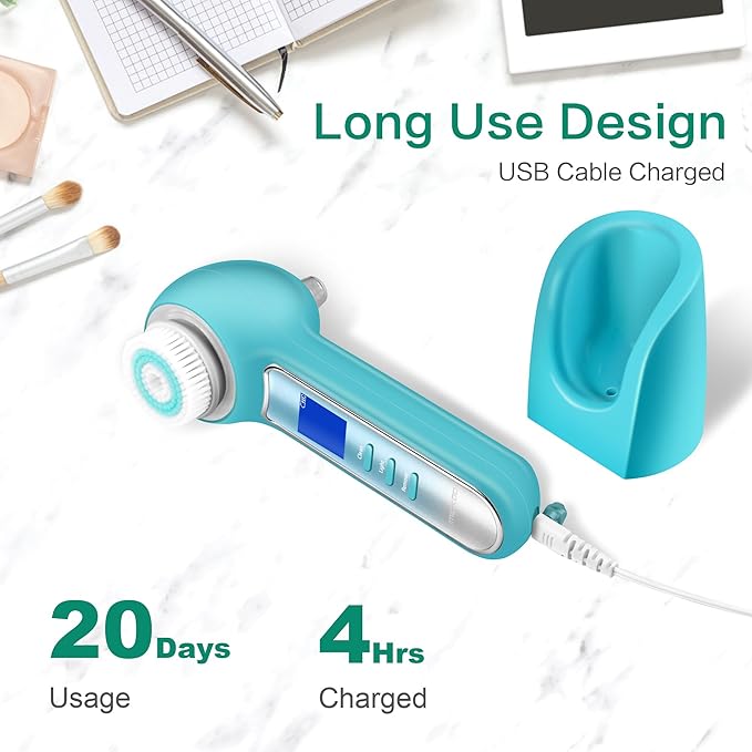 Face Scrubber Exfoliator,Facial Cleansing Brush Waterproof with LCD Screen,Blackhead Remover Vacuum with 5 Brush Heads,Face Spin Brush for Exfoliating (Blue-Blue)-Velvo Beauty