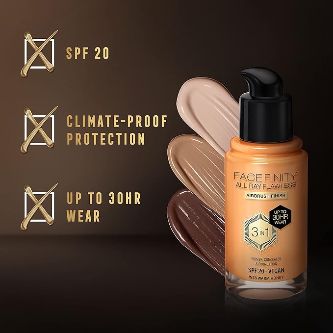 Max Factor Facefinity 3-in-1 All Day Flawless Liquid Foundation, SPF 20-78 Warm Honey, 30 ml-Velvo Beauty