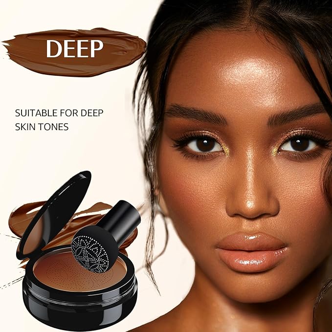 Mushroom Head Air Cushion CC Cream Foundation - Moisturizing & Long-Lasting BB Cream Concealer Makeup Base for All Skin Types, Brighten Long - Lasting Even Color Correcting Concealer (Deep)-Velvo Beauty