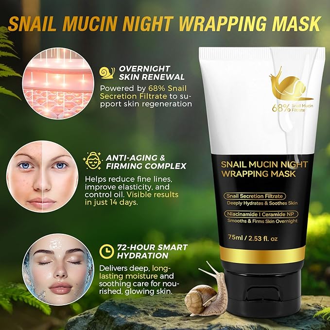 9000PPM Snail Mucin Overnight Wrapping Peel Off Mask for Intensive Hydrating, Skin Barrier Repairing, Reducing Sagging/Wrinkles/Fine Lines, 2.53 Oz/75 ML-Velvo Beauty