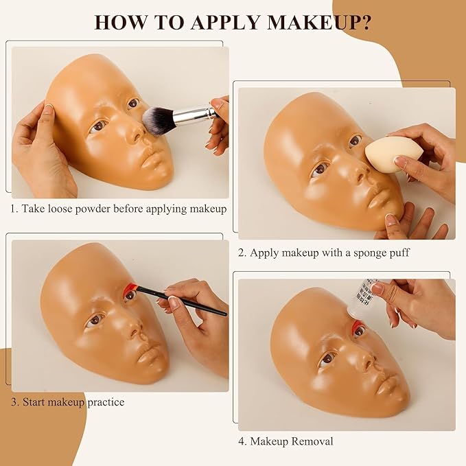 Make Up Practice Face, Face Painting Mannequin Head with Stand, 5D Reusable Silicone Face Practice Board, Mannequin Head for Makeup with Makeup Kit, Practice Face for Makeup Artist & Beginner, Brown-Velvo Beauty