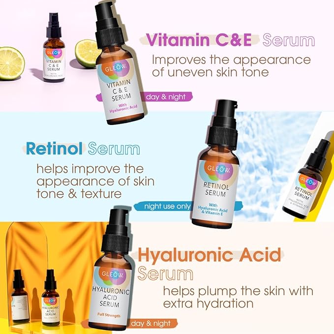 Retinol Serum for Face, Vitamin C with Hyaluronic Acid Face Serum for Women and Men, Glow Total Package Skin Care Set, Targets Appearance of Uneven Skin Tone and Dryness 3x2 oz-Velvo Beauty