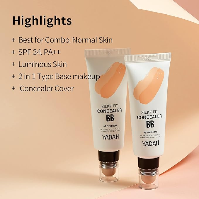 YADAH Silky Fit Concealer BB Cream (23 Natural Beige, 1.18fl oz) - 2-in-1 Korean Makeup for Flawless Skin, Tinted Moisturizer for Blemish Cover. Long-Lasting, All-Day Wear.-Velvo Beauty
