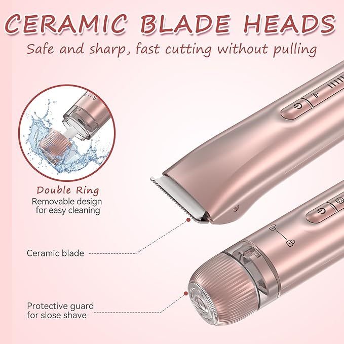 Bikini Trimmer for Women - 2 in 1 Electric Body Hair Trimmer for Silky Skin, Cordless Body Shaver for Travel, IPX7 Waterproof & Easy to Clean, Replaceable Ceramic Blade Heads, Rose Gold-Velvo Beauty