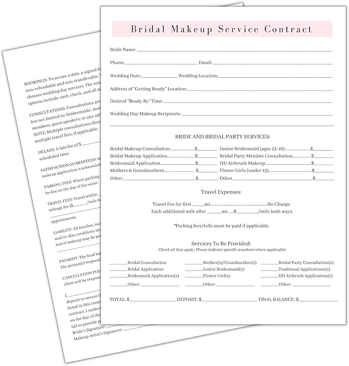 Bridal Makeup Service Contract | 100 Pack | 8.5 x 11" A1 Forms | Makeup Artist Supplies | Bridal Contract | White and Pink Forms-Velvo Beauty