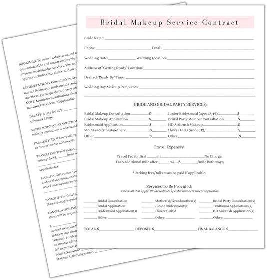 Bridal Makeup Service Contract | 100 Pack | 8.5 x 11" A1 Forms | Makeup Artist Supplies | Bridal Contract | White and Pink Forms-Velvo Beauty