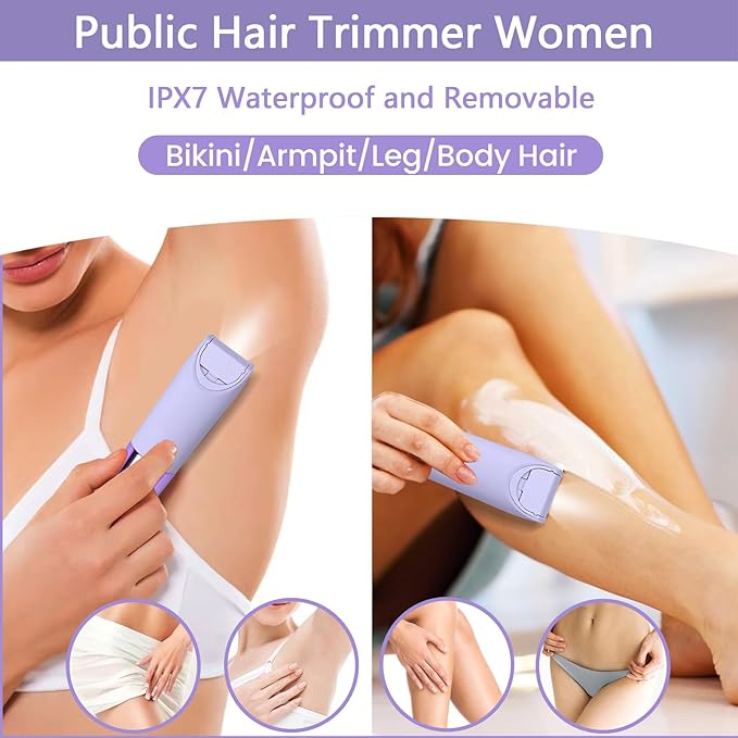 Bikini Trimmer for Women, Glow Aura Womens Shaver, Quiet Dual Head Waterproof Cordless Rechargeable Painless Trimmer for Underarms, Legs, Body (Purple)-Velvo Beauty