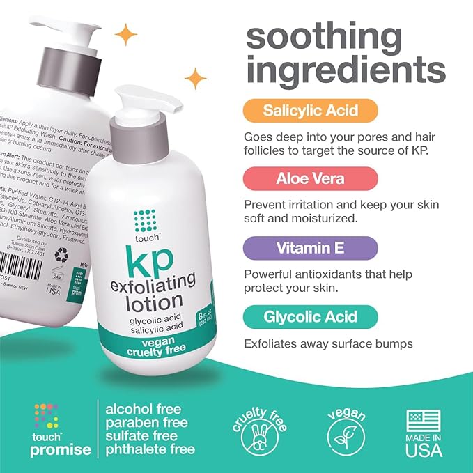 TOUCH Glycolic Acid Lotion for Keratosis Pilaris - KP Exfoliating Body Lotion Moisturizer - for AHA BHA Rough & Bumpy Skin- Gets Rid of Redness - 8 Fl Oz-Velvo Beauty