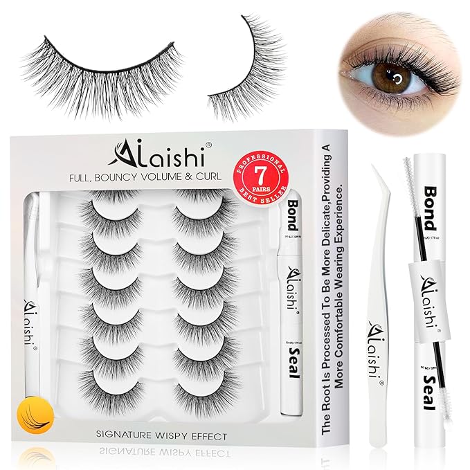 Wispy False Eyelashes Kit With Bond, Seal and Tweezer, 7 Pairs Natural Look Fake Cat Eye Lashes Strips Thin Band Extensions Waterproof Easy Eyelashes for Beginners RQ46-Velvo Beauty