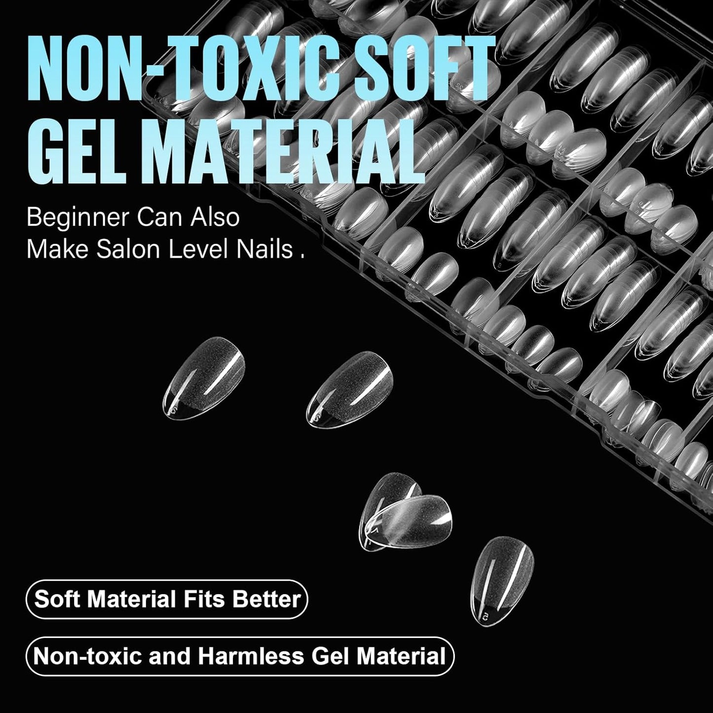 TOMICCA Short Almond Nail Tips, 504Pcs Soft Acrylic Nail Tips, 12 Sizes Pre-Shaped Half Matte Fake Clear Gelly Tips, Press on Acrylic Nails for Nail Extension DIY Nail Salon-Velvo Beauty