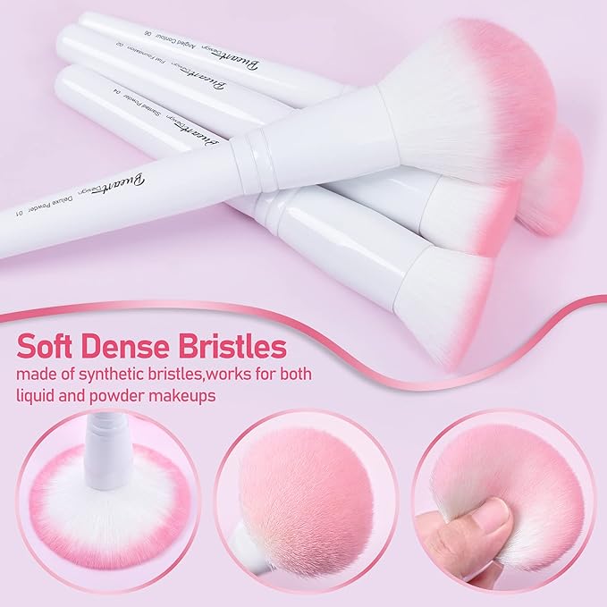 Bueart Design 16Pcs ULTRA SOFT labeled Makeup Brushes set with brush Holder face brush for Foundation Powder Blending Blush wooden Handle(16Pcs White+Pink Holder)-Velvo Beauty