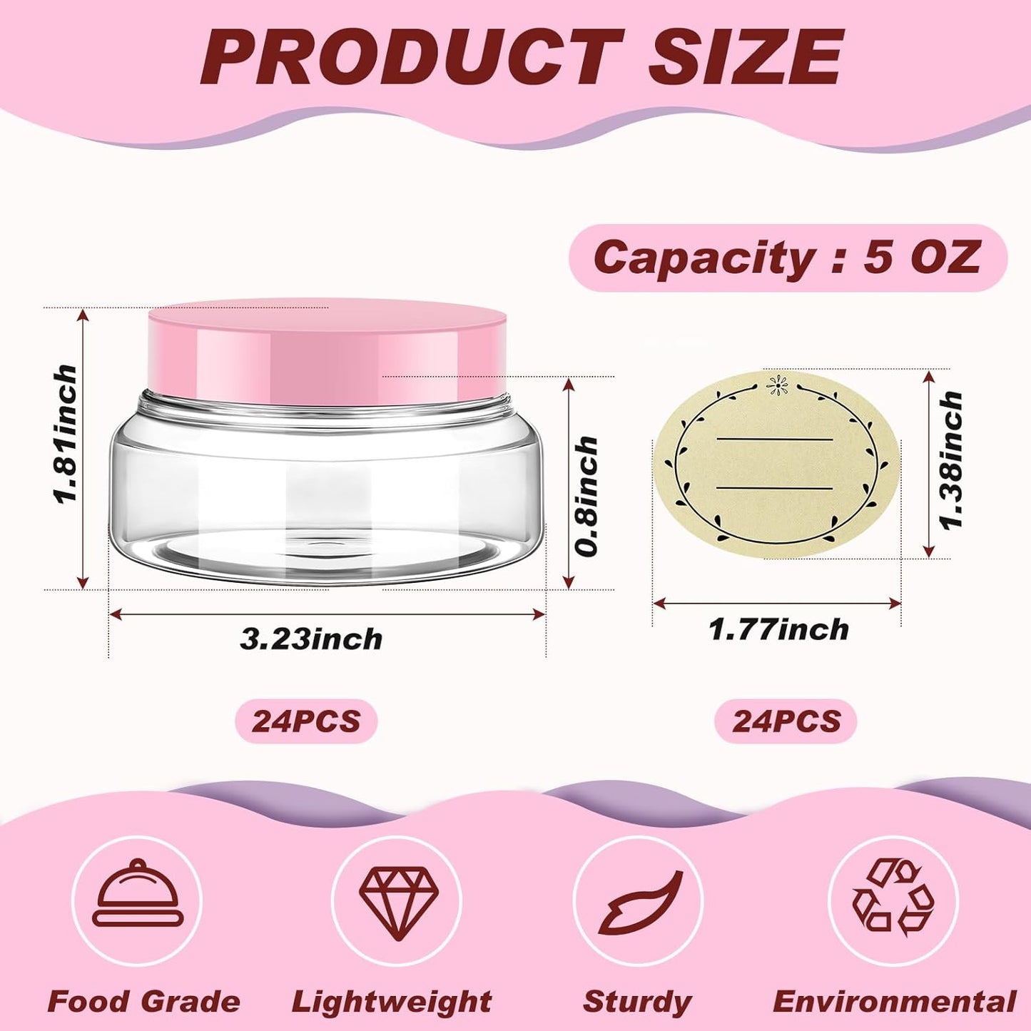 Tessco 24 Pack Plastic Jars with Lids Labels Empty Clear Plastic Jars Round Refillable Cosmetic Containers Body Butter Containers Bulk Sugar Scrub Bottle for Make Up(5 oz,Clear, Pink)-Velvo Beauty