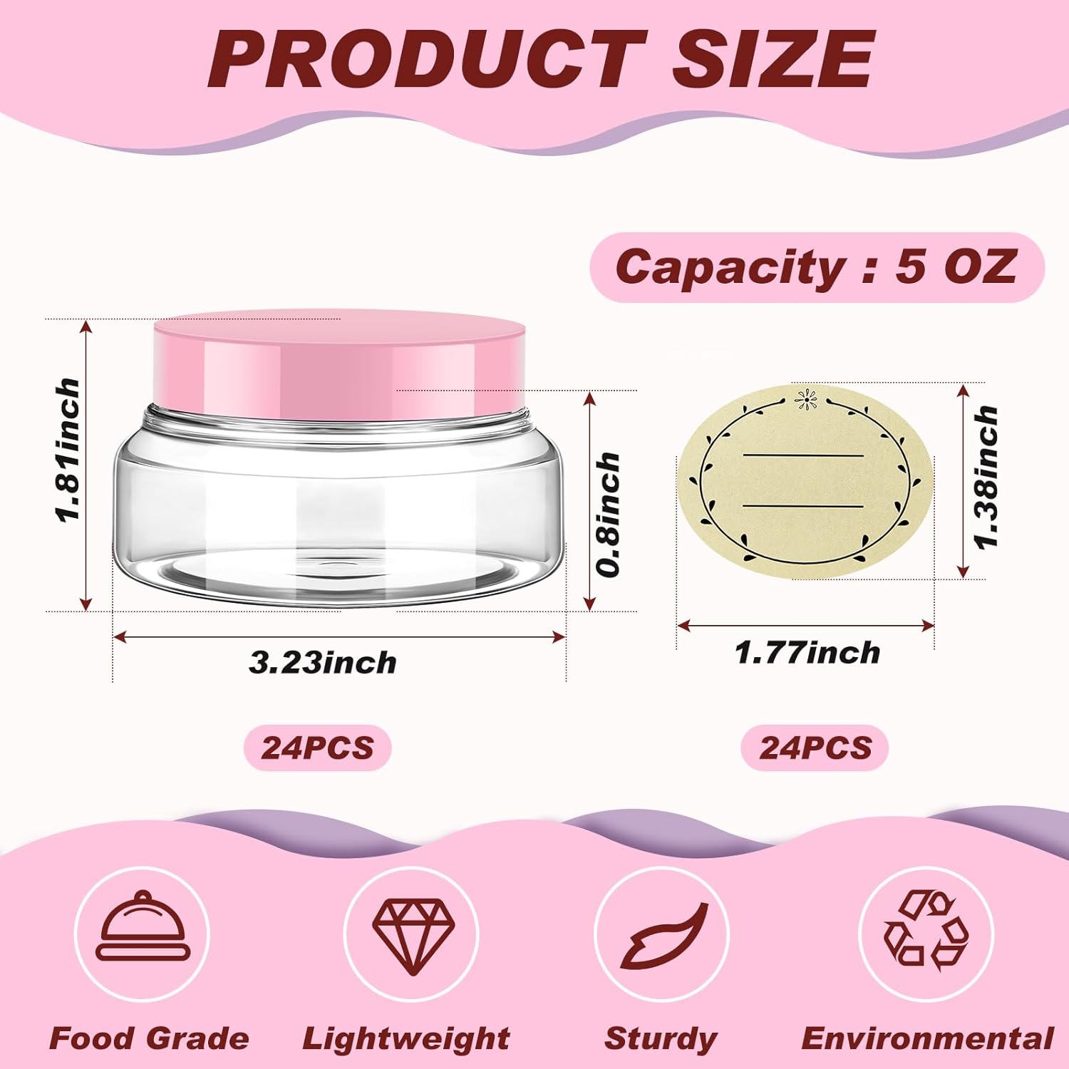 Tessco 24 Pack Plastic Jars with Lids Labels Empty Clear Plastic Jars Round Refillable Cosmetic Containers Body Butter Containers Bulk Sugar Scrub Bottle for Make Up(5 oz,Clear, Pink)-Velvo Beauty