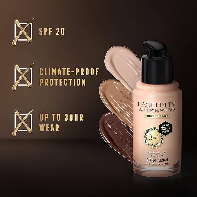 Max Factor Facefinity 3-in-1 All Day Flawless Liquid Foundation, SPF 20-10 Fair Porcelain, 30 ml-Velvo Beauty