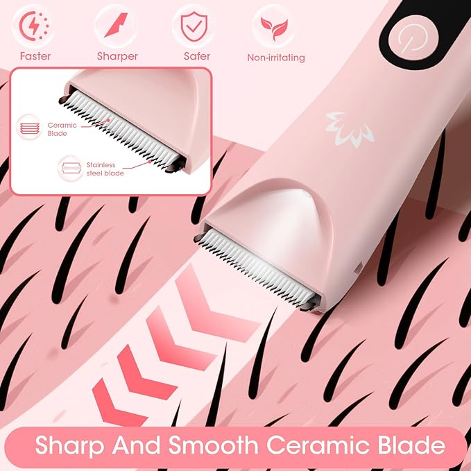 Bikini Trimmer for Women, Painless Pubic Hair Trimmer for Armpit Leg Arm Body Private Area,Rechargeable Womens Electric Razors Shaver LED Light Ceramic Blade IPX7 Waterproof Wet/Dry LCD Display,Pink-Velvo Beauty