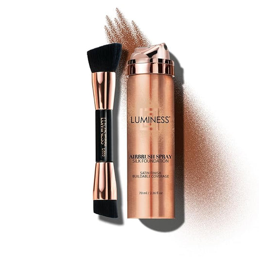 LUMINESS Silk Airbrush Spray Foundation & Buffing Brush Kit – Full Coverage Foundation & Dual-Sided Buffing Brush - Buildable Coverage, Anti-Aging Formula Hydrates & Moisturizes (Shade - Light Rich)-Velvo Beauty