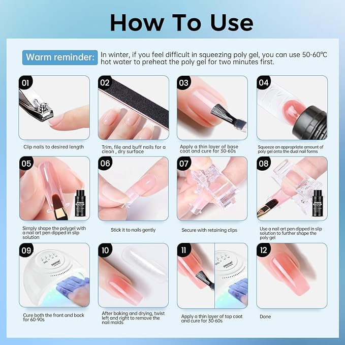 JEWHITENY Poly Nail Gel Kit 14 Colors Purple Nude Grey Black Blue Glitter Tones Starter Kit with UV Lamp Matte & Glossy Top & Base Coat All-in-One Designs DIY At Home-Velvo Beauty