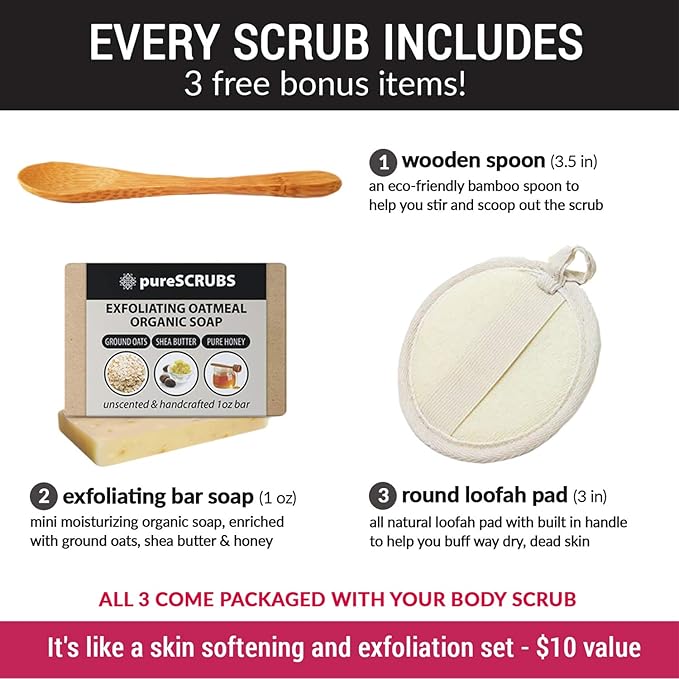 pureSCRUBS Premium Unscented Body Scrub Set - Large 16oz Dead Sea Salt Body Scrub With Infused Essential Oils & Nutrients, Includes Wooden Spoon, Loofah & Oatmeal Exfoliating Bar Soap-Velvo Beauty