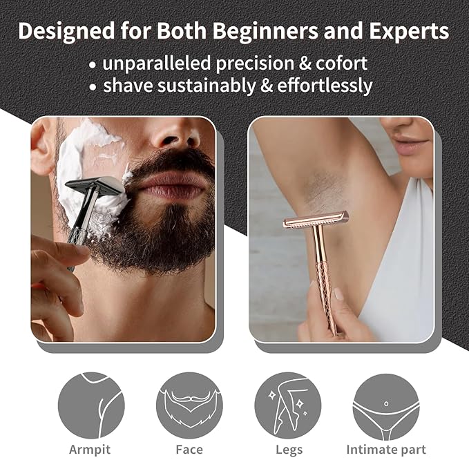 Shiny Gun Black Double Edge Safety Razor, Single Blade Razors for Men and Women, with 10 Stainless Steel Safety Razor Blades, Reusable, Smooth and Close Wet Shaving Kit, Plastic Free