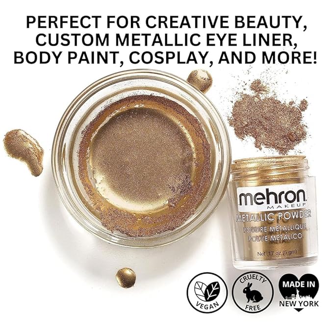Mehron Makeup Metallic Powder (.17 Ounce) with Mixing Liquid (1 oz) (GOLD)-Velvo Beauty