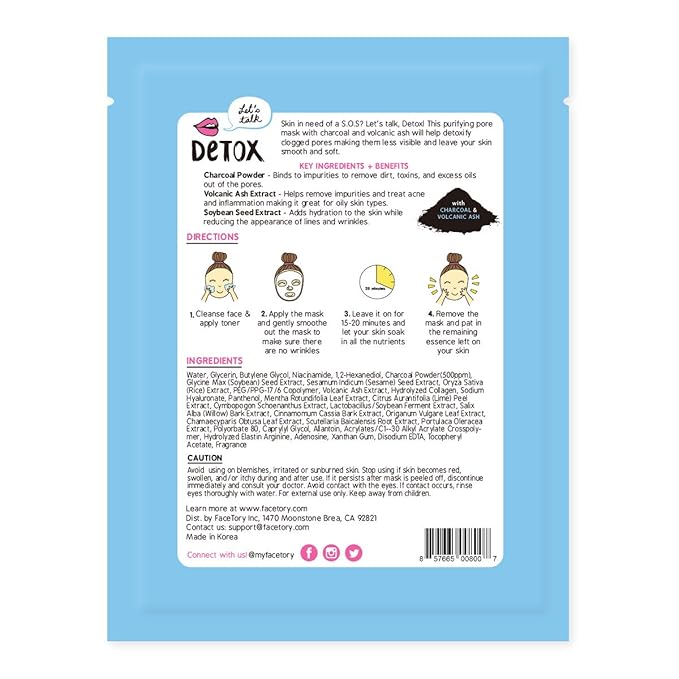 FACETORY K Beauty Face Mask Skin Care - LET'S TALK DETOX PURIFYING Sheet Mask with Charcoal & Volcanic Ash | Pore Refining Charcoal Face Mask (5 Pack)-Velvo Beauty
