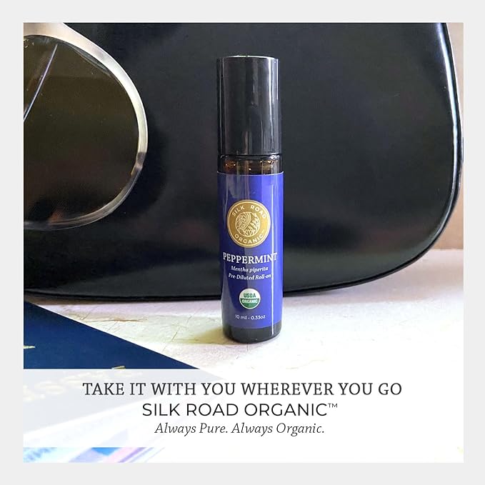 Silk Road Organic Peppermint Essential Oil Roll On, Mentha Piperita, 100% Pure USDA Certified Aromatherapy - Headache, Morning Sickness, Nausea, Energy & Hair - 10 ml Roller-Velvo Beauty
