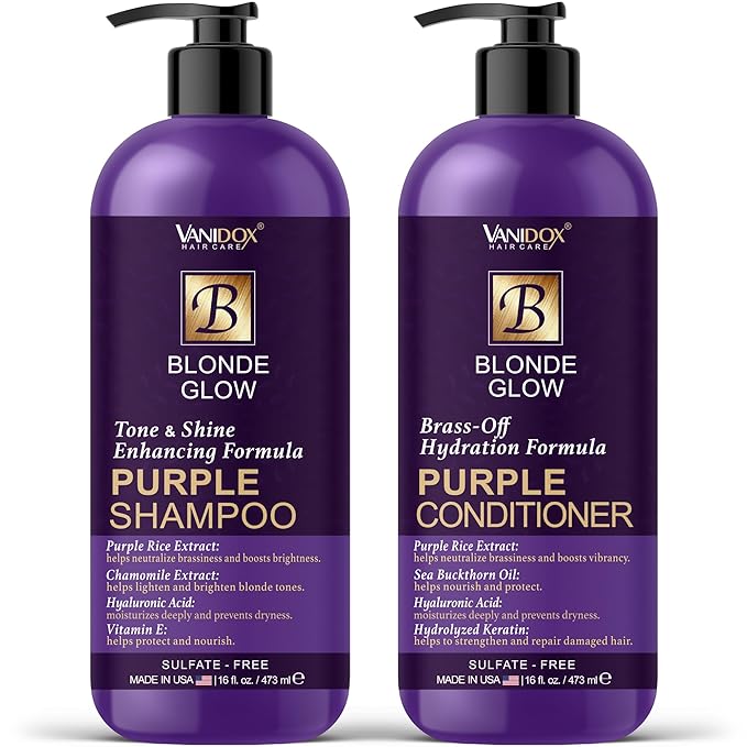 Sulfate Free Brass Toning Purple Shampoo and Conditioner Set for Blondes, Brown Highlighted, or Bleached Hair, Shampoo for Blondes Infused with Purple Rice Extract (16 fl oz each)-Velvo Beauty