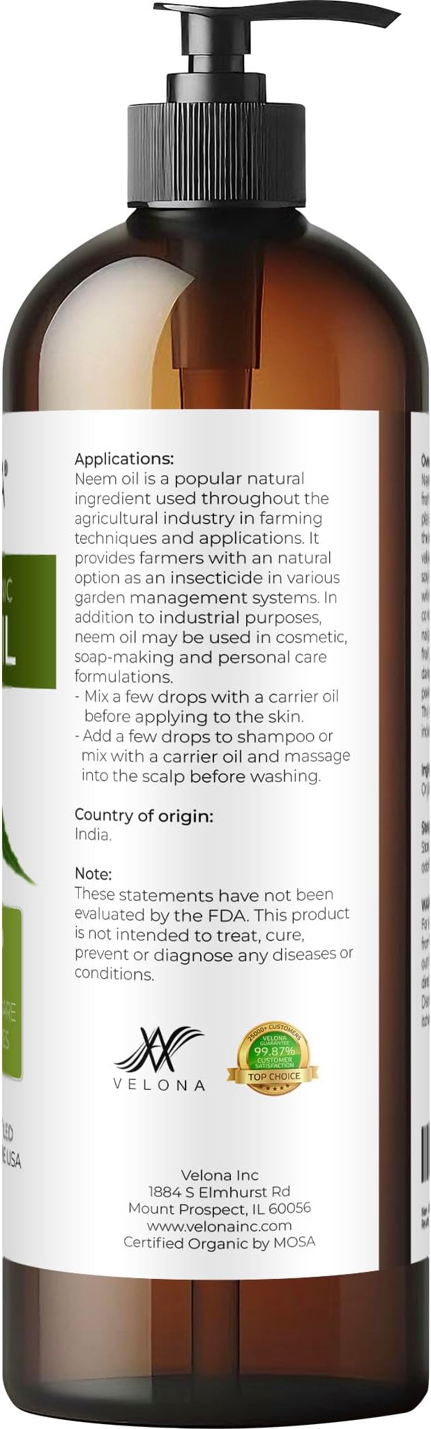 velona Neem Oil USDA Certified Organic - 16 Fl Oz | 100% Pure and Natural Carrier Oil | Virgin, Unrefined, Cold Pressed | Hair, Body and Skin Care | Use Today - Enjoy Results-Velvo Beauty