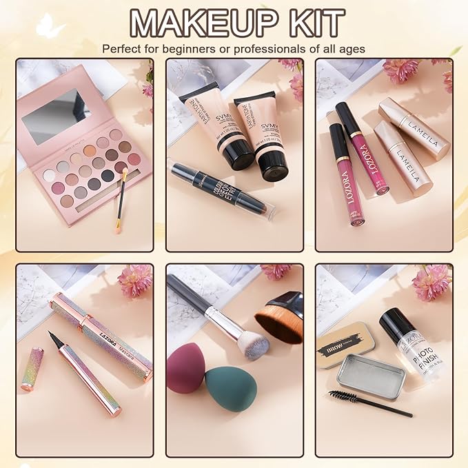 All in One Makeup Kit for Women Full Kit Makeup Gift Set for Women & Girls Makeup Essential Bundle Include Foundation 18Color Eyeshadow Palette Lipstick Eyebrow Pencil Cosmetic Brush Set-Velvo Beauty