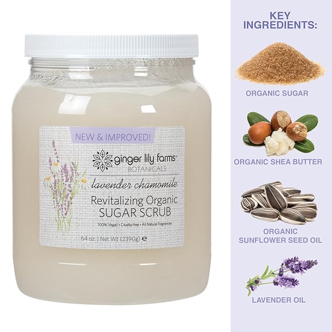 Ginger Lily Farms Botanicals Revitalizing Organic Sugar Scrub, All-Natural Skin Exfoliating Sugar Crystals, 100% Vegan & Cruelty-Free, Lavender Chamomile, 64 oz.-Velvo Beauty