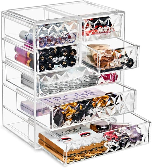 Sorbus Acrylic Makeup Organizer - Organization and Storage Case for Cosmetics Make Up & Jewelry - Big Clear Makeup Organizer for Vanity, Bathroom, College Dorm, Closet, Desk (3 Large, 4 Small Drawers)-Velvo Beauty