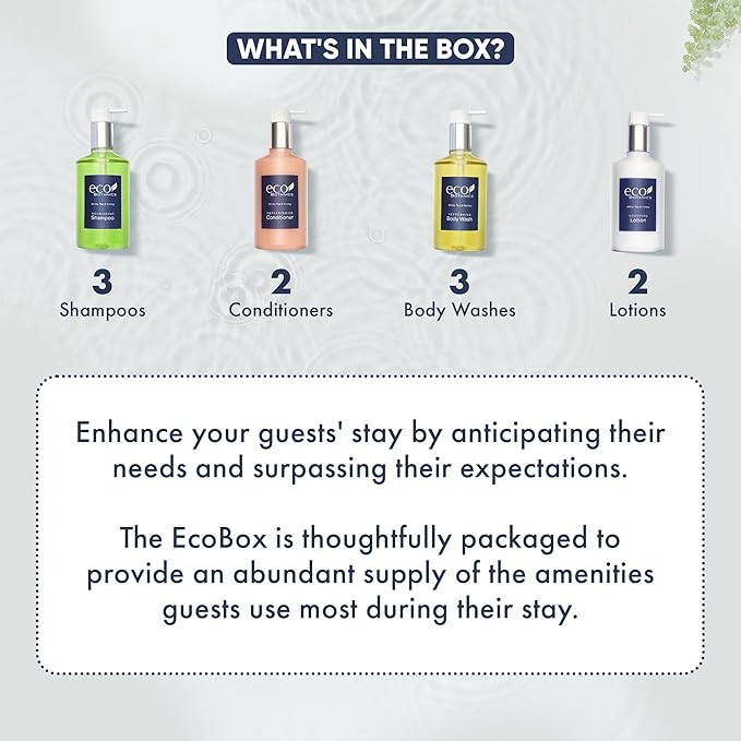 1-Shoppe Eco Botanics 10 Piece Ecobox All-In-Kit | White Tea and Honey Soap | 3 Shampoo, 2 Conditioner, 3 Body Wash & 2 Lotion | 10.14oz Hotel Soaps and Toiletries Bulk | Personal Care Products-Velvo Beauty