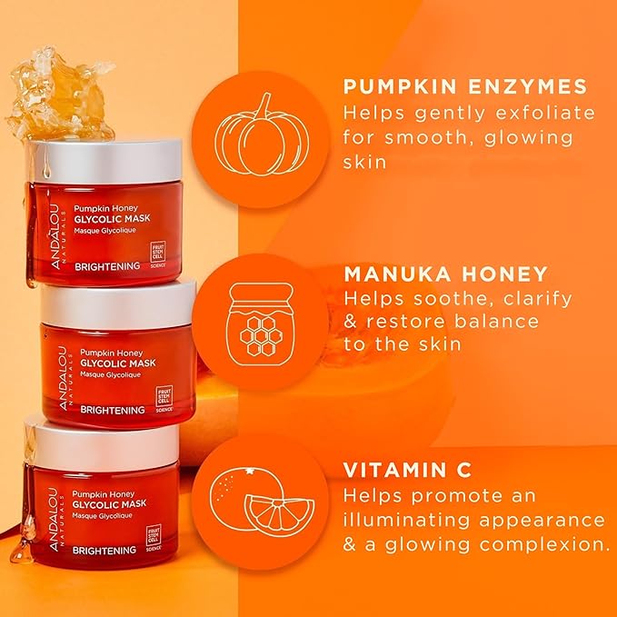 Andalou Naturals Pumpkin Honey Glycolic Mask, Brightening & Exfoliating Face Mask with Glycolic Acid & Vitamin C, Gently Removes Dirt and Brightens Skin, 1.7 fl oz-Velvo Beauty
