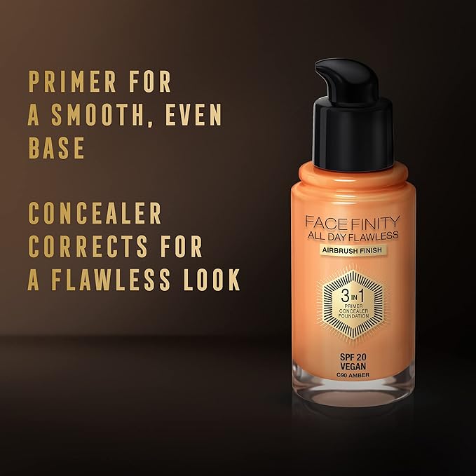 Max Factor Facefinity 3-in-1 All Day Flawless Liquid Foundation, SPF 20-90 Amber, 30 ml-Velvo Beauty