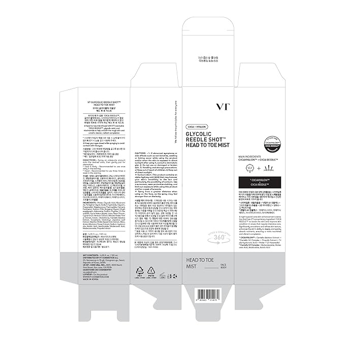 VT COSMETICS 7% Glycolic Acid Reedle Shot Head-to-Toe Mist with Niacinamide, Exfoliating Spray for Bumpy & Strawberry Skin, Dark Spots, Skin Texture, Keratosis Pilaris, Korean Skincare (4.05 fl oz)-Velvo Beauty