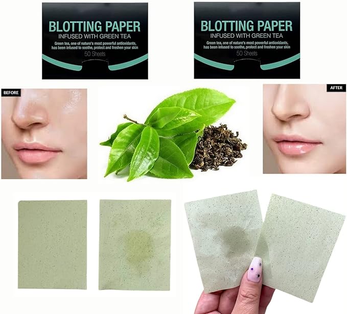 2 Pks GREEN TEA INFUSED Soothing Natural Abaca Blotting Paper - 100 Oil Blotting Sheets - Makeup Friendly UNISEX Oily Skin Shine Blotter Photography Zoom Meetings Travel Gym School - MADE IN TAIWAN-Velvo Beauty