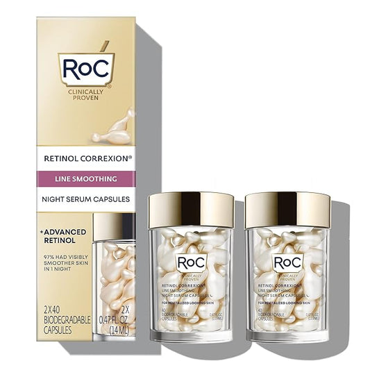 RoC Retinol Correxion Anti-Aging Wrinkle Night Serum, Retinol Serum for Face, Daily Treatment for Fine Lines, Post Acne Scars, 80 Capsules (Limited Edition Value Set), Unscented-Velvo Beauty