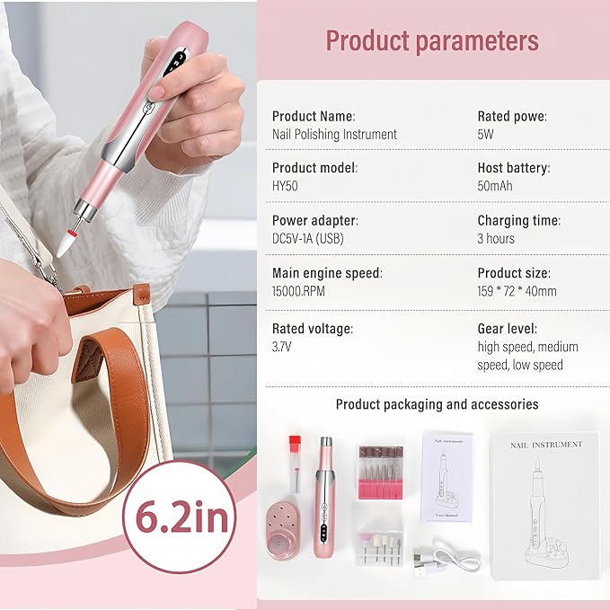 Electric Nail Drill File Cordless,Portable Rechargeable Nail File Kit for Acrylic & Gel Nails,Professional Efile for Manicure Pedicure Polishing,with 12 Nail Drill Bits 31 Sanding Bands,Rose Gold-Velvo Beauty