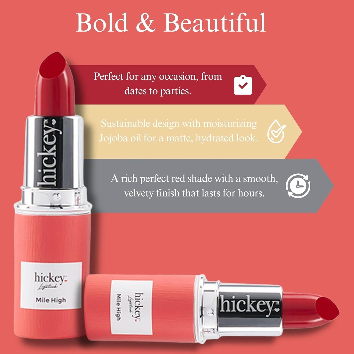 Hickey Lipstick Mile High Organic Perfect Red Lipstick Refill - Long Lasting Lipstick for Women - Hydrating & Moisturizing Shade, Best Lip Color for Women, Gluten-Free & Vegan with Highly Pigmented-Velvo Beauty