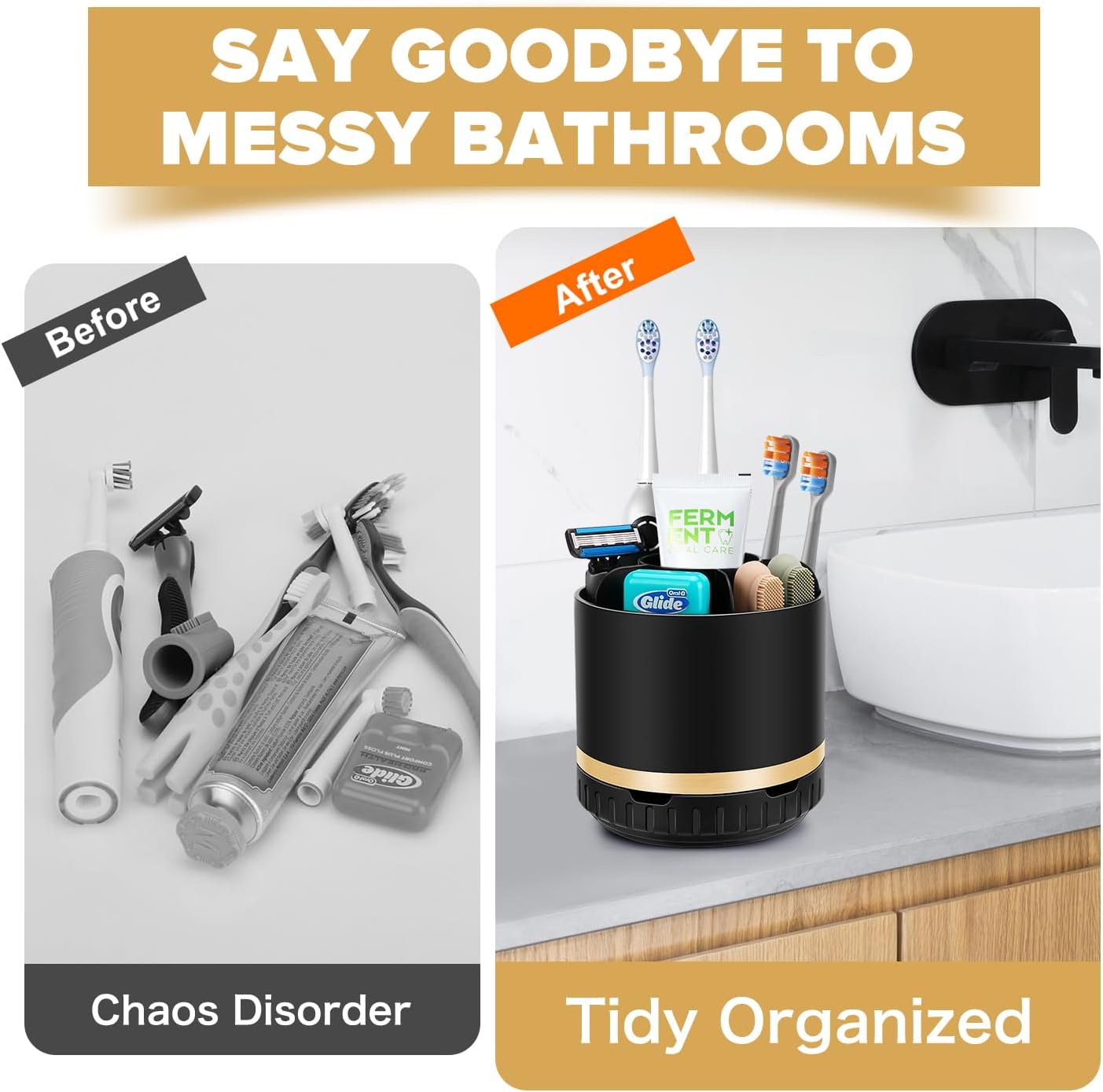 Bathroom Organizer Countertop - Rotating Black Toothbrush Holder for Bathroom Accessories Organization Detachable 6 Slots Bathroom Sink Storage Caddy Vanity Organizer-Velvo Beauty