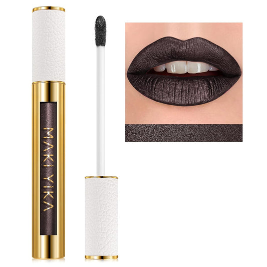 MAKI YIKA Metallic Lipstick for Women Black Lipsticks Long Lasting Glitter Lipstick No Smudge No Transfer Full-Coverage Liquid Lip Gloss (BR14 Midnight)-Velvo Beauty