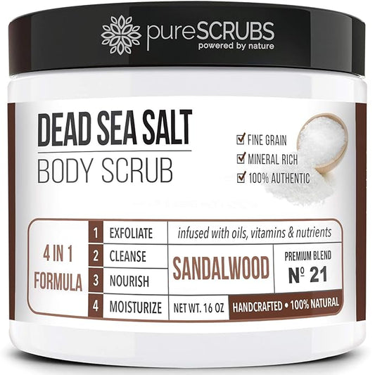 pureSCRUBS Premium Sandalwood Body Scrub Set - Large 16oz Dead Sea Salt Body Scrub With Infused Essential Oils & Nutrients, Includes Wooden Spoon, Loofah & Oatmeal Exfoliating Bar Soap-Velvo Beauty