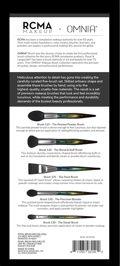 RCMA Makeup x Omnia Professional Makeup Brush 5pc Set, Premium Synthetic Fiber, Iridescent Acrylic Handle, Face Powders, Complexion and Foundation Blending Application Brush set.-Velvo Beauty
