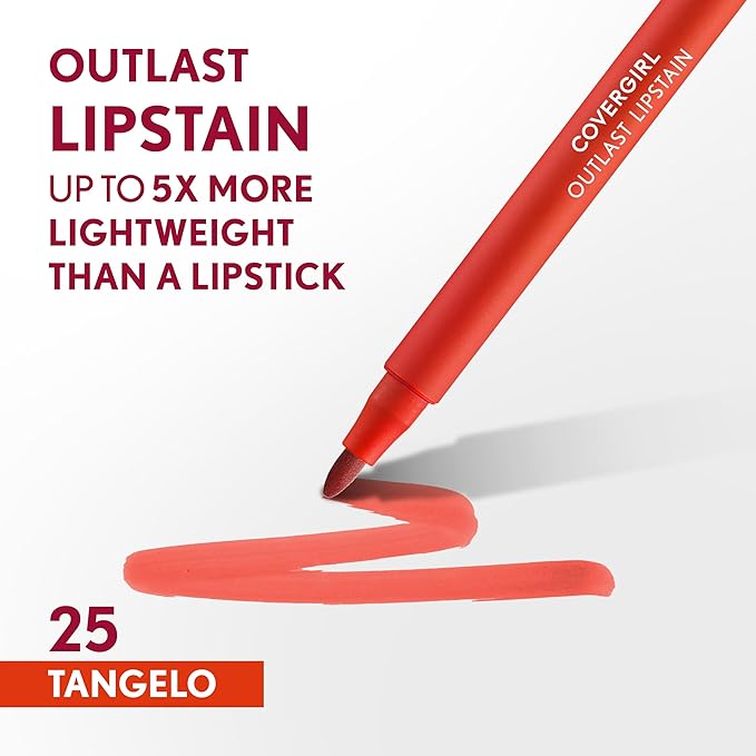 COVERGIRL Outlast, 25 Tangelo, Lipstain, Smooth Application, Precise Pen-Like Tip, Transfer-Proof, Satin Stained Finish, Vegan Formula, 0.06oz-Velvo Beauty