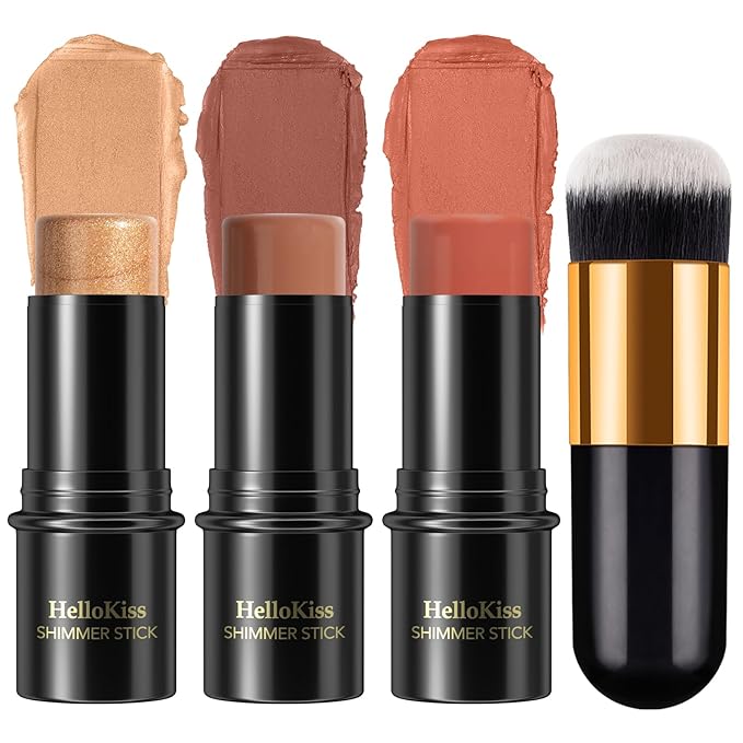 3 Pcs Face Contour Stick Kit, Matte Finish Face Stick Trio with Bronzer Blush Highlighter and Brush, Long Lasting Waterproof Cream Beauty Wand Makeup Set for Sculpt Glowing Face Look (#5, 6, 15)-Velvo Beauty